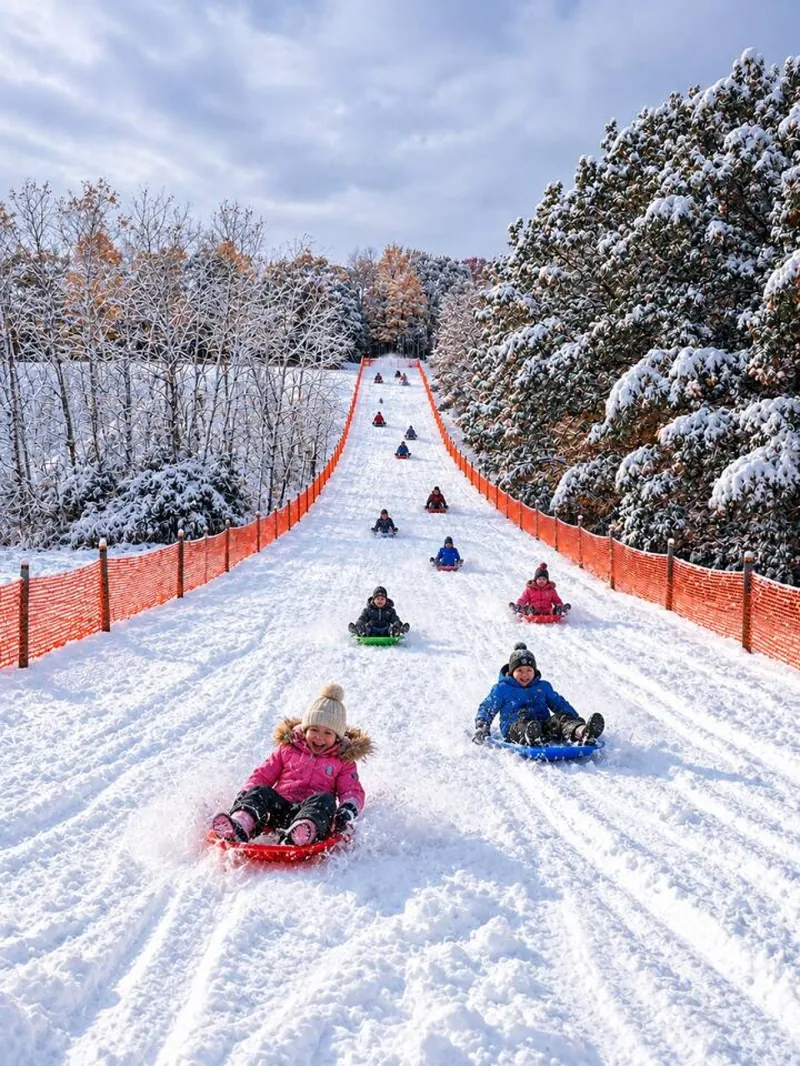 Private sledding hill (winter illustration). Sleds provided, snow permitting.
